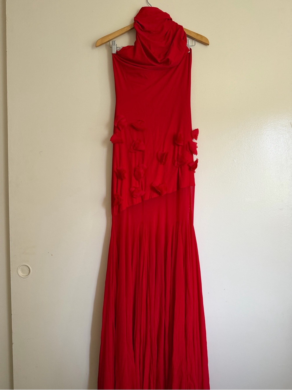 Red Asymmetrical One-Shoulder Maxi Dress with Draped Neckline